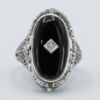 Detail view of Victorian Style Lapis Diamond and Onyx Filigree Flip Ring Sterling Silver highlighting Diamond, Lapis