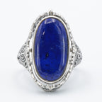 Detail view of Victorian Style Lapis Diamond and Onyx Filigree Flip Ring Sterling Silver highlighting Diamond, Lapis