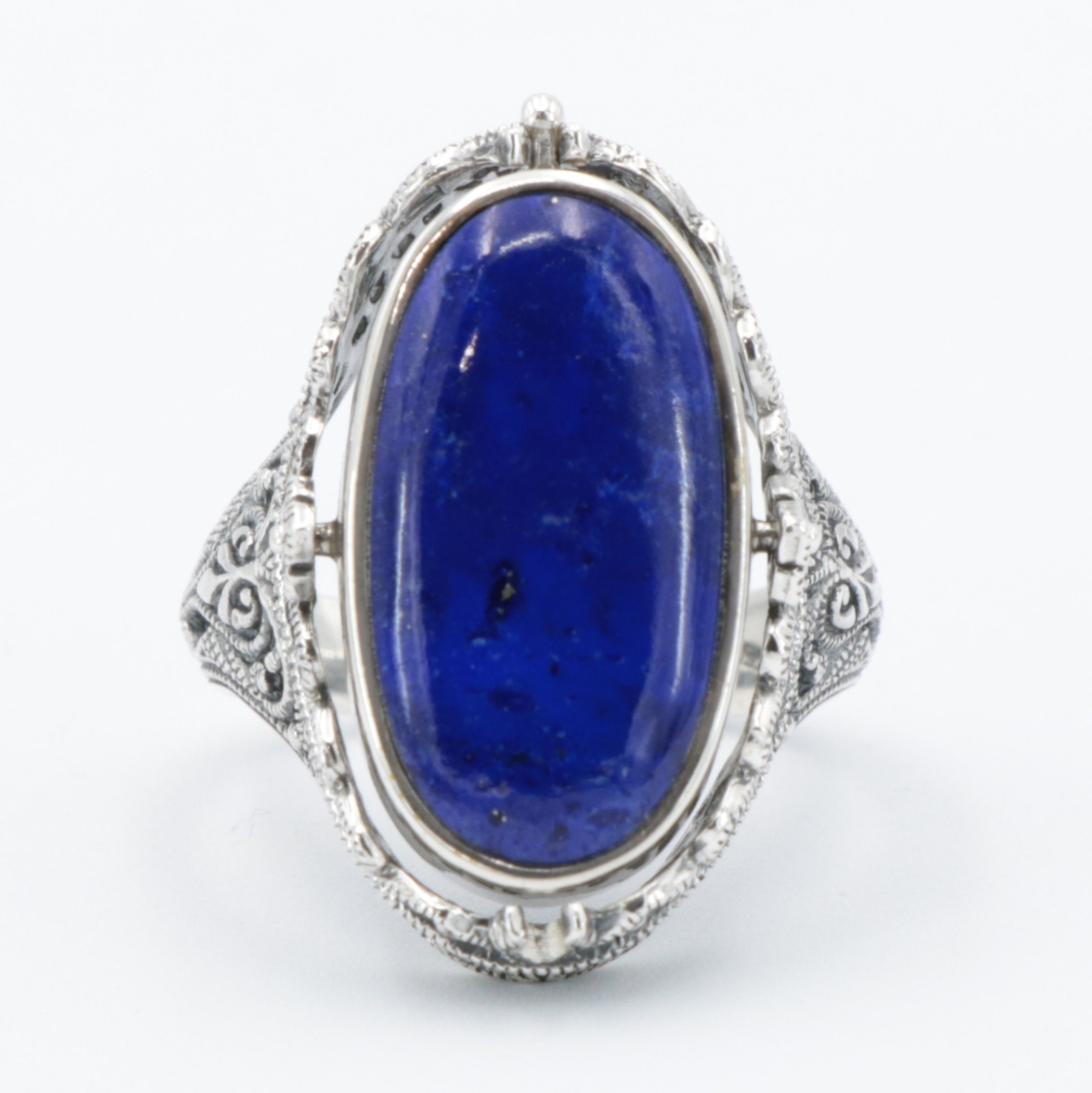 Detail view of Victorian Style Lapis Diamond and Onyx Filigree Flip Ring Sterling Silver highlighting Diamond, Lapis