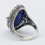 Detail view of Victorian Style Lapis Diamond and Onyx Filigree Flip Ring Sterling Silver highlighting Diamond, Lapis