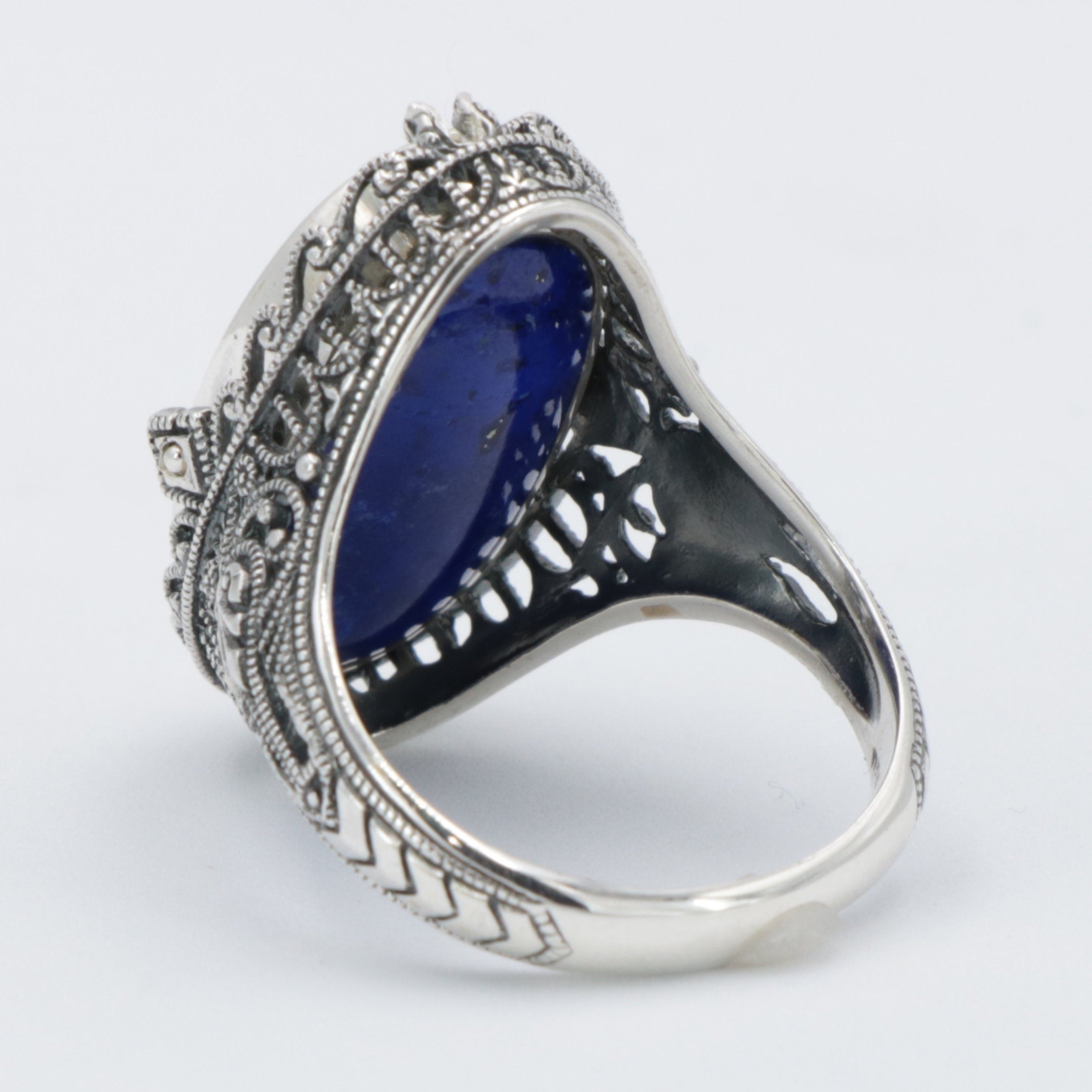 Detail view of Victorian Style Lapis Diamond and Onyx Filigree Flip Ring Sterling Silver highlighting Diamond, Lapis