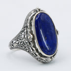 Detail view of Victorian Style Lapis Diamond and Onyx Filigree Flip Ring Sterling Silver highlighting Diamond, Lapis