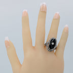 Detail view of Victorian Style Lapis Diamond and Onyx Filigree Flip Ring Sterling Silver highlighting Diamond, Lapis