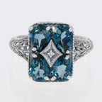 Back view of Art Deco Style London Blue Topaz with Diamond Accent Filigree Ring showing 925 sterling silver hallmark