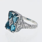Detail view of Art Deco Style London Blue Topaz with Diamond Accent Filigree Ring highlighting Blue Topaz, London Blue Topaz