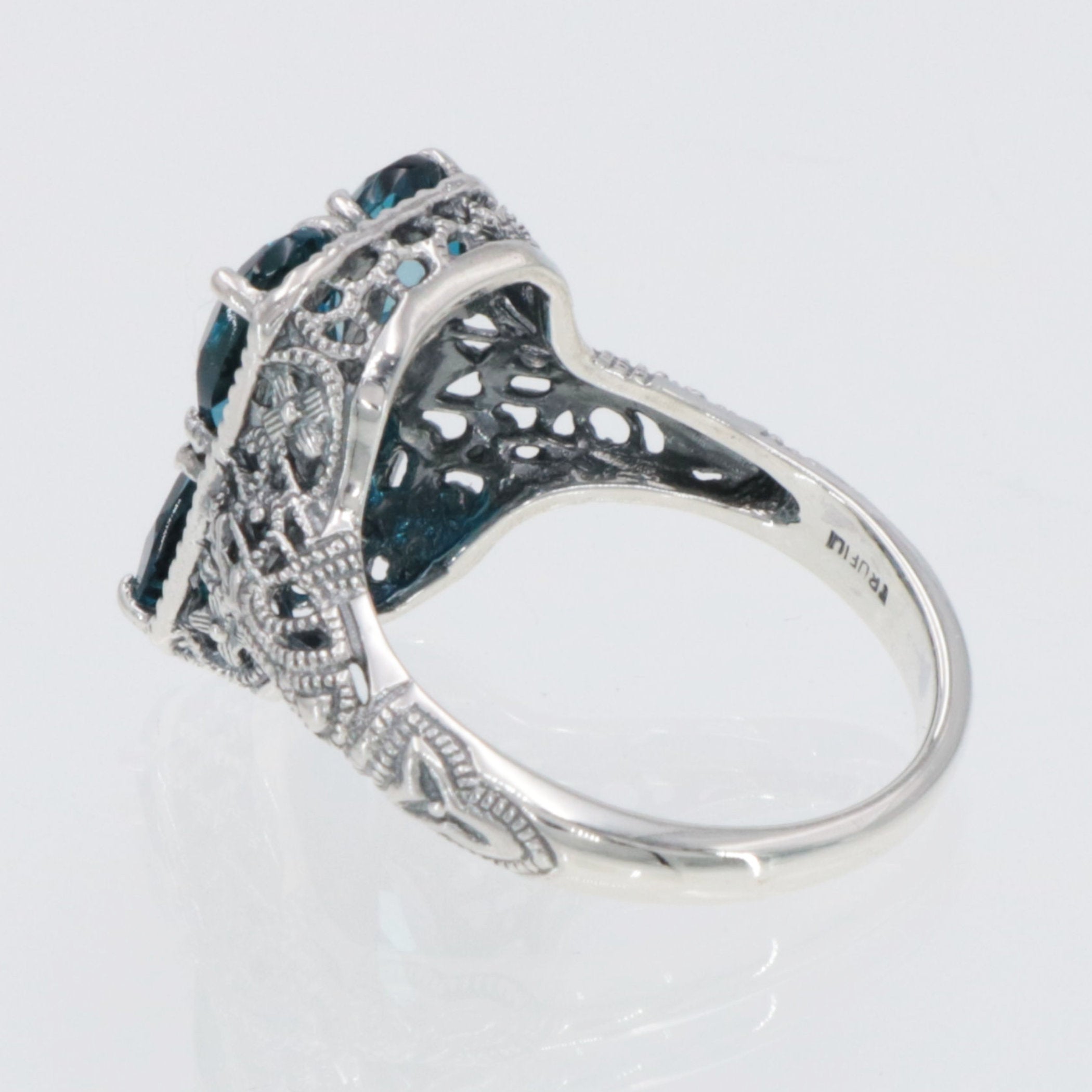 Detail view of Art Deco Style London Blue Topaz with Diamond Accent Filigree Ring highlighting Blue Topaz, London Blue Topaz
