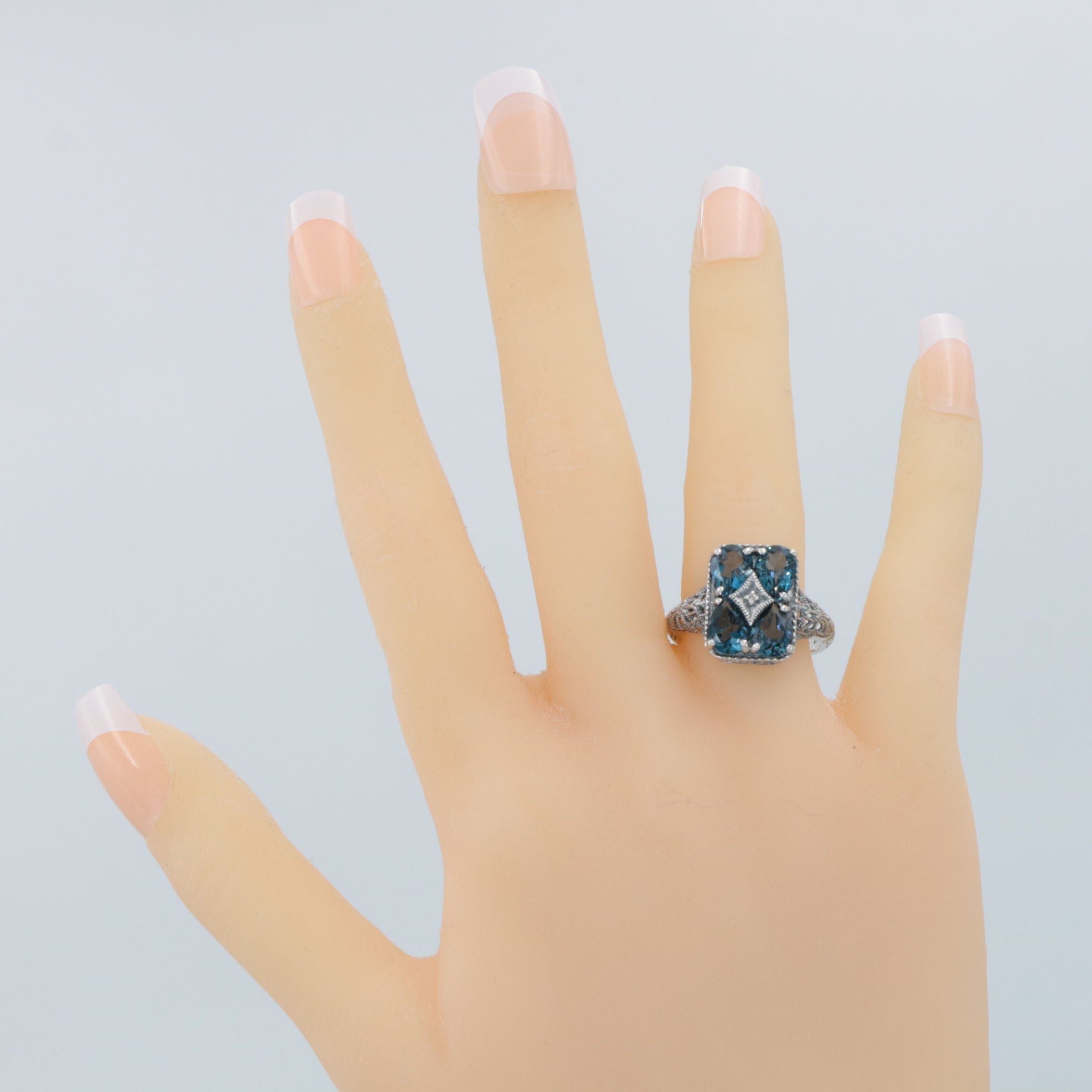 Detail view of Art Deco Style London Blue Topaz with Diamond Accent Filigree Ring highlighting Blue Topaz, London Blue Topaz