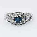 Back view of Art Deco Style Filigree London Blue Topaz and White Topaz Ring Sterling Silver showing 925 sterling silver hallm