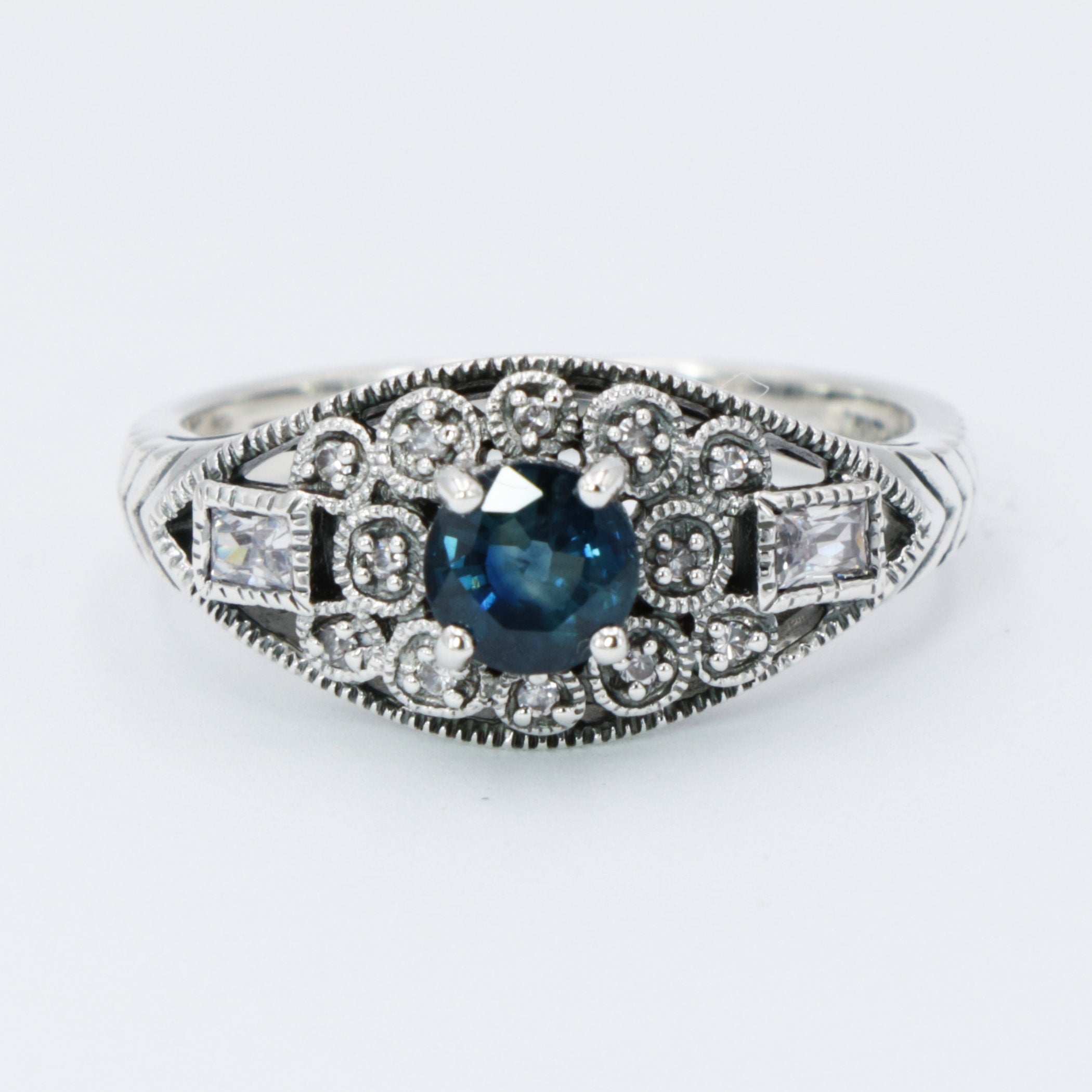Back view of Art Deco Style Filigree London Blue Topaz and White Topaz Ring Sterling Silver showing 925 sterling silver hallm