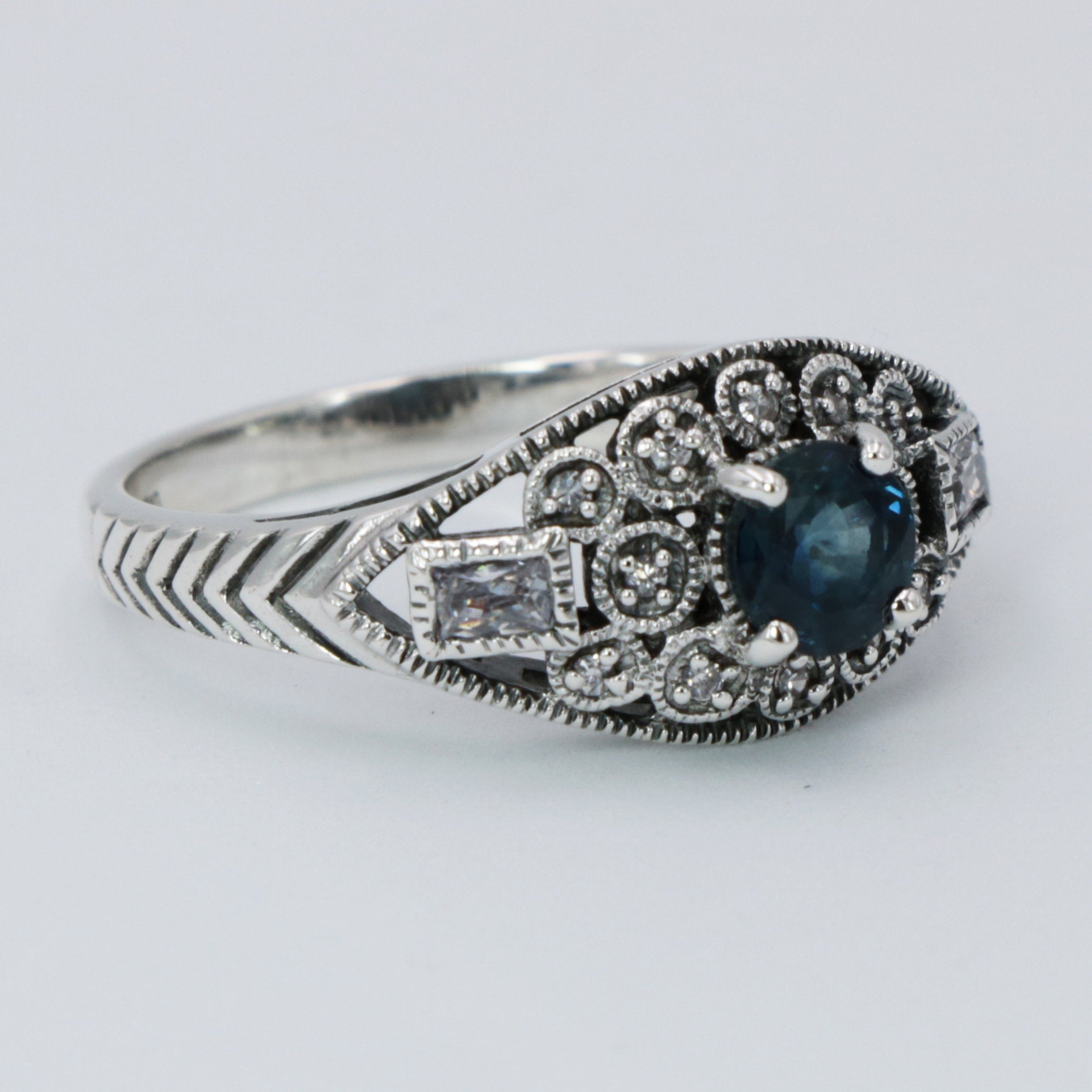 Detail view of Art Deco Style Filigree London Blue Topaz and White Topaz Ring Sterling Silver highlighting Blue Topaz, London