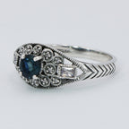 Detail view of Art Deco Style Filigree London Blue Topaz and White Topaz Ring Sterling Silver highlighting Blue Topaz, London