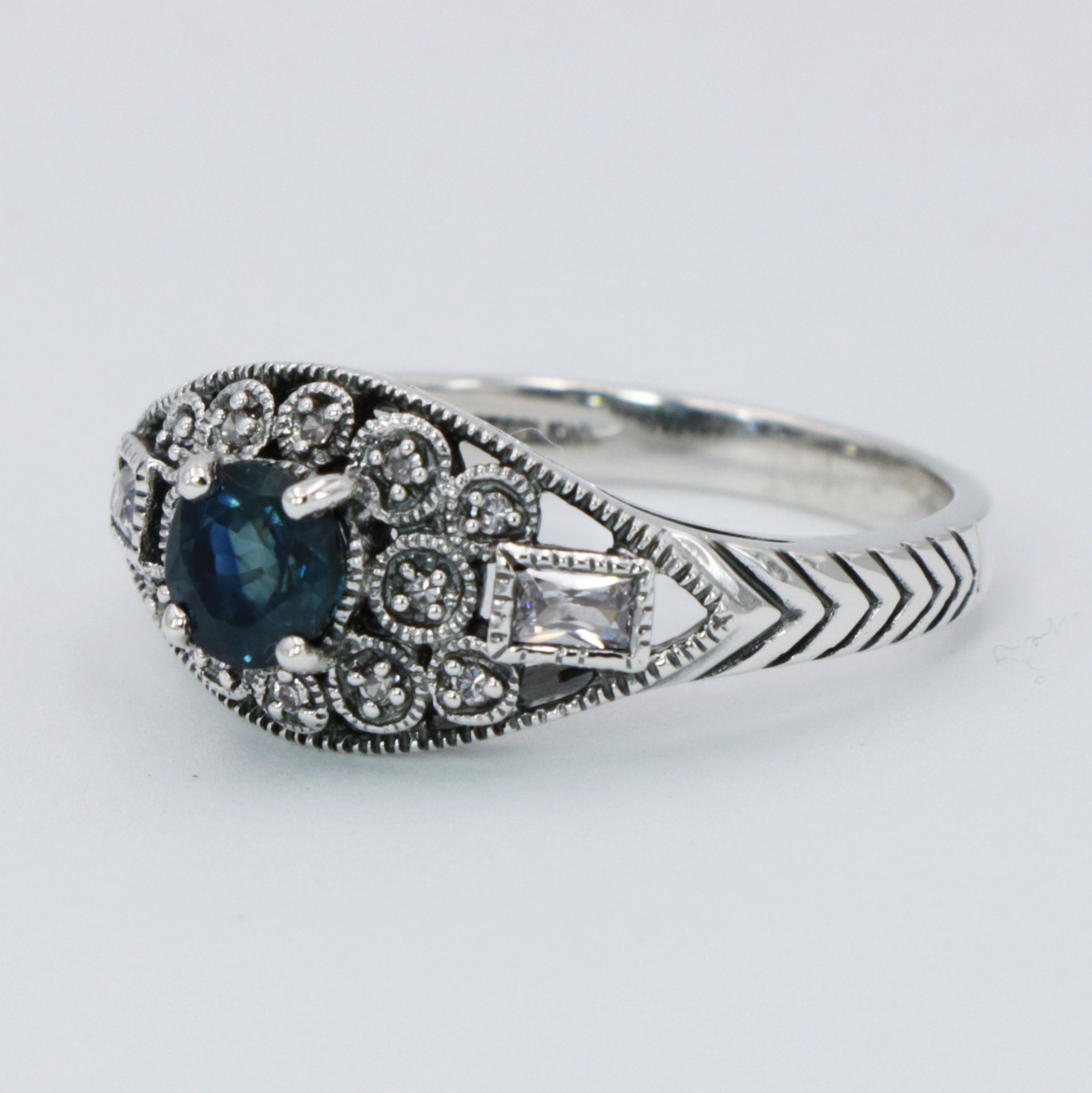 Detail view of Art Deco Style Filigree London Blue Topaz and White Topaz Ring Sterling Silver highlighting Blue Topaz, London