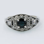 Back view of Art Deco Style Filigree Natural Blue Sapphire and White Topaz Ring Sterling Silver showing 925 sterling silver h
