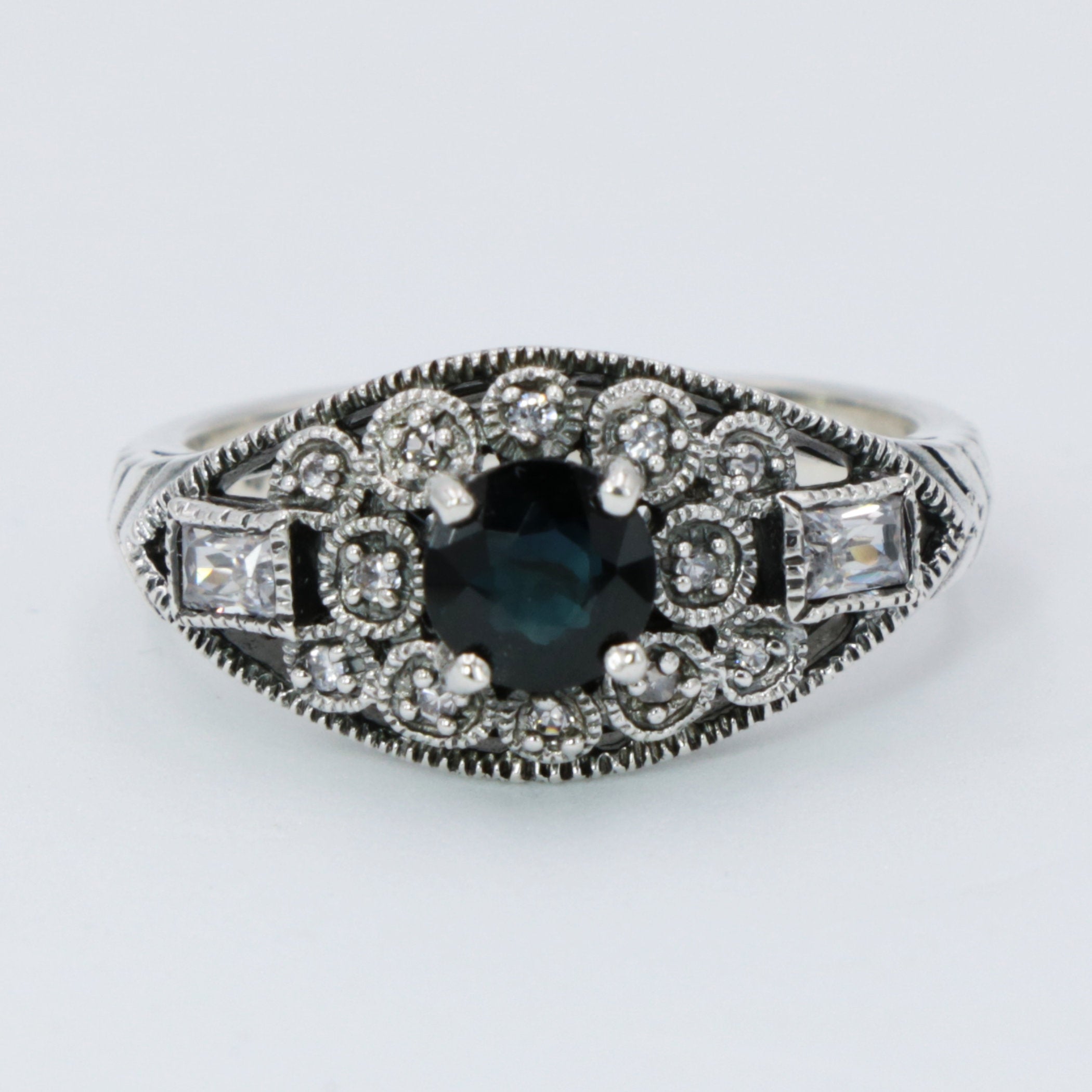 Back view of Art Deco Style Filigree Natural Blue Sapphire and White Topaz Ring Sterling Silver showing 925 sterling silver h