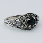Detail view of Art Deco Style Filigree Natural Blue Sapphire and White Topaz Ring Sterling Silver highlighting White Topaz, S