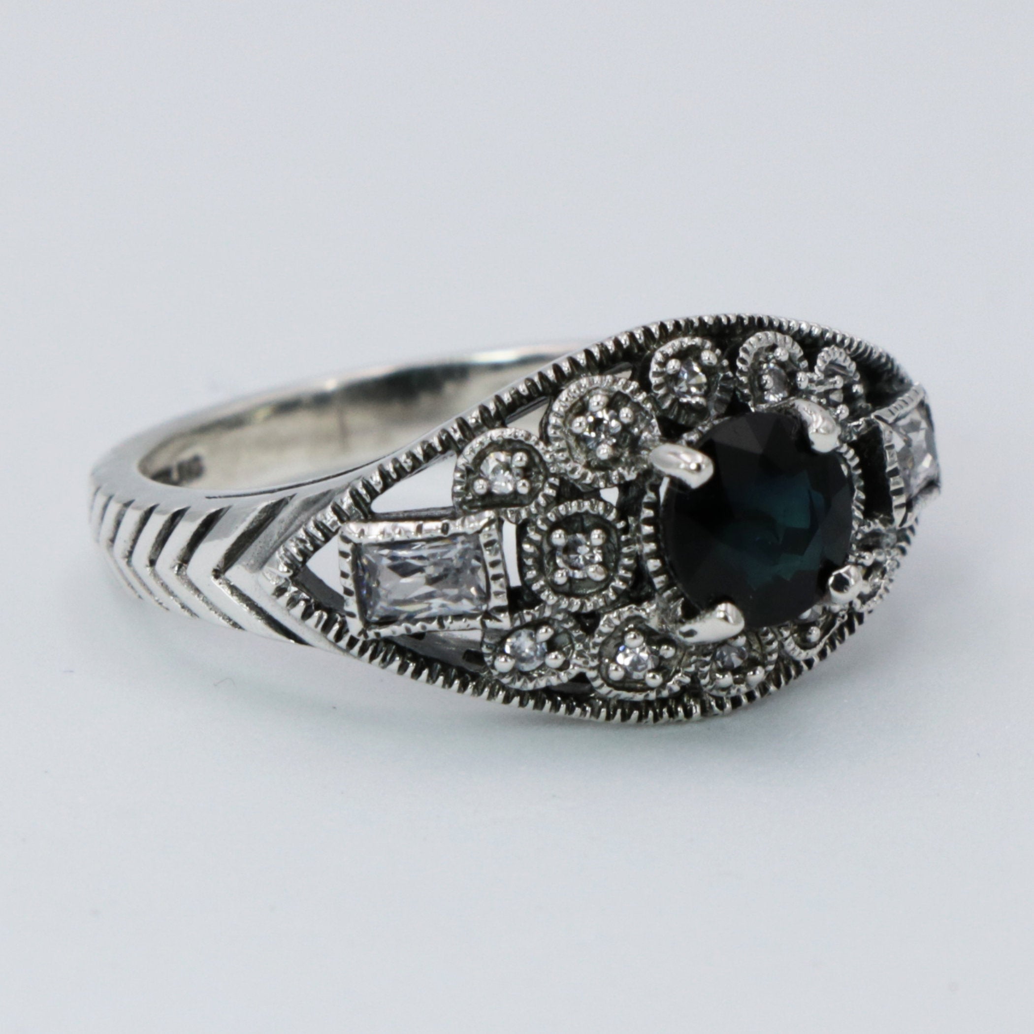 Detail view of Art Deco Style Filigree Natural Blue Sapphire and White Topaz Ring Sterling Silver highlighting White Topaz, S