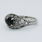 Detail view of Art Deco Style Filigree Natural Blue Sapphire and White Topaz Ring Sterling Silver highlighting White Topaz, S