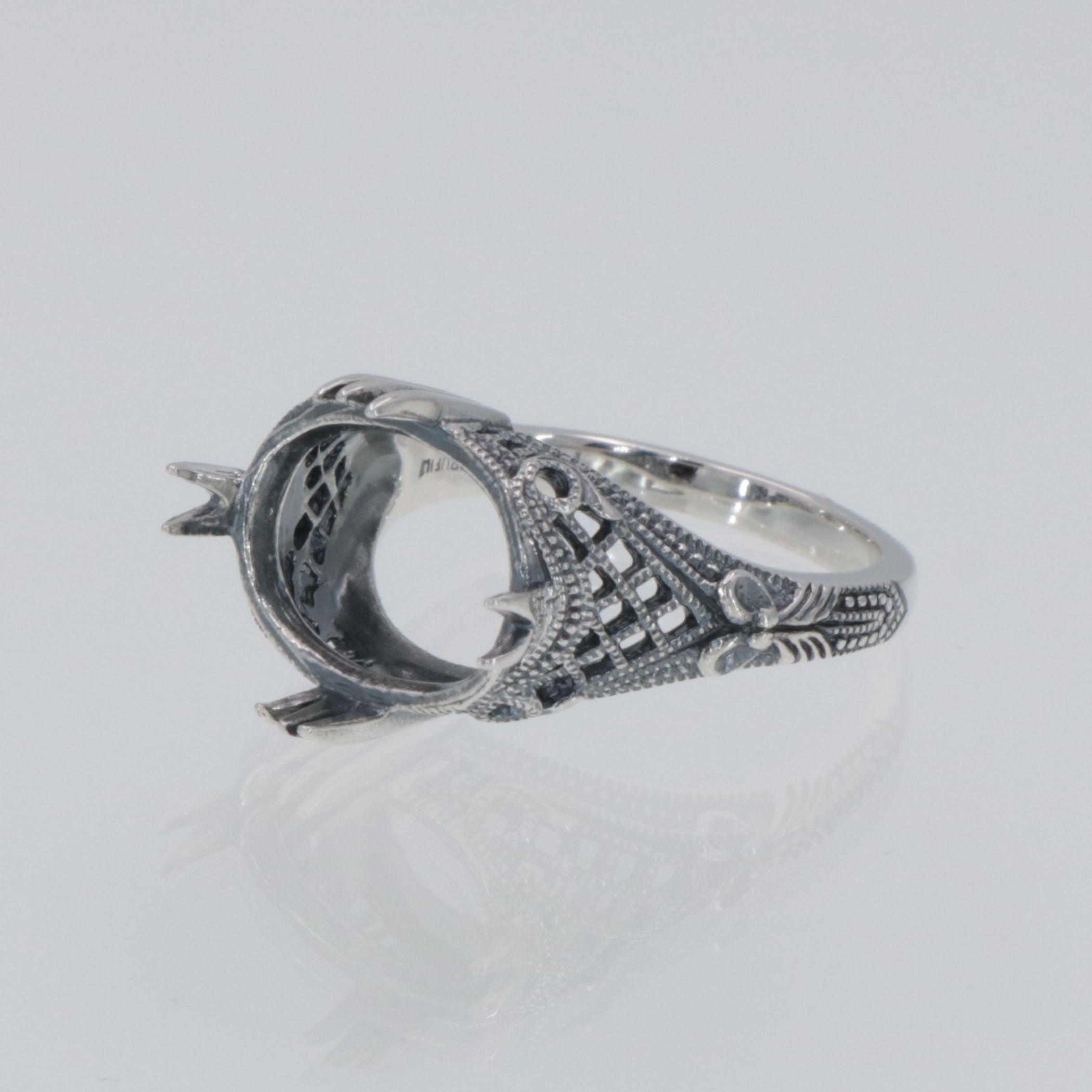 Detail view of Classic Victorian Semi Mount for Oval 11 x 14mm Gemstone Filigree Ring Sterling Silver highlighting design det