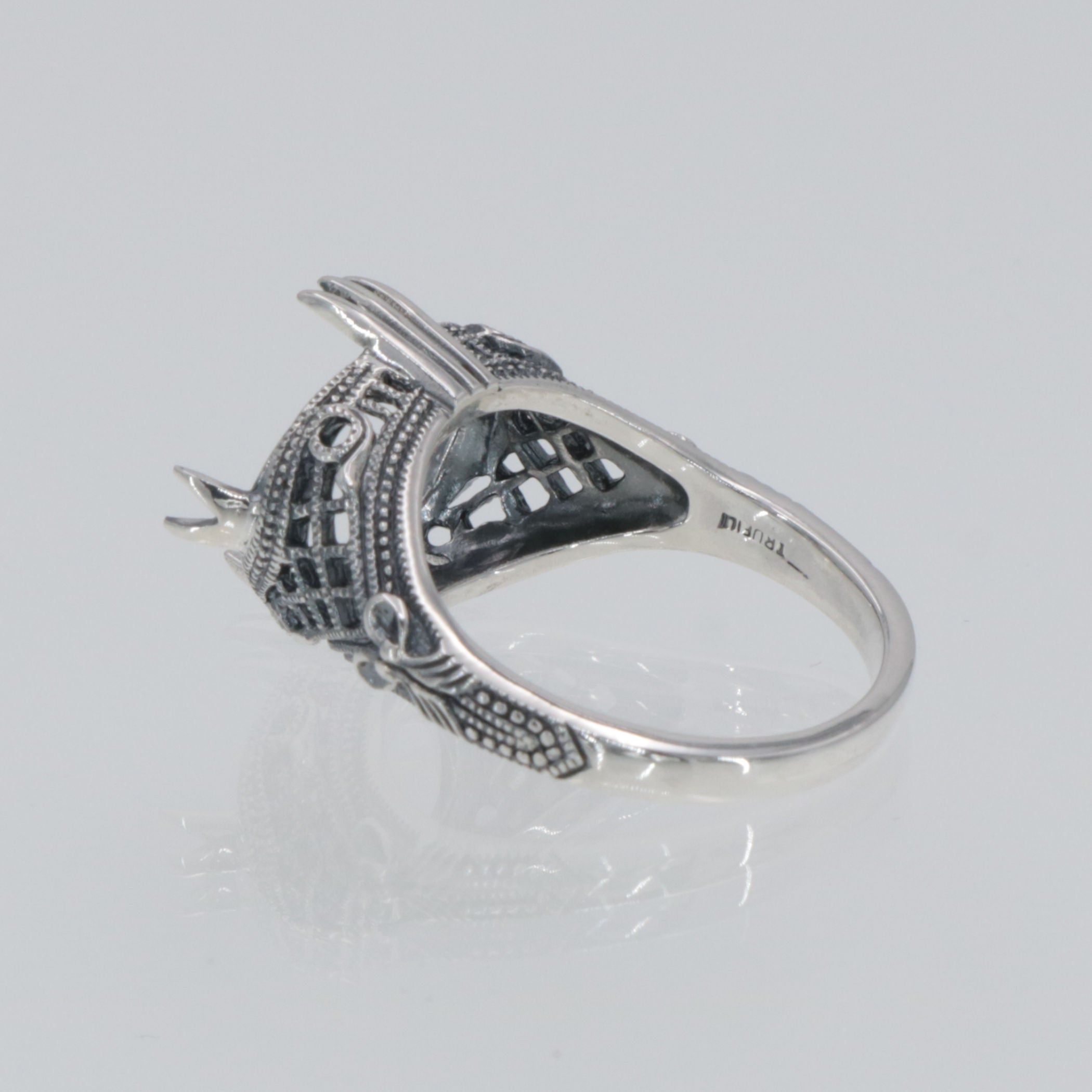 Detail view of Classic Victorian Semi Mount for Oval 11 x 14mm Gemstone Filigree Ring Sterling Silver highlighting design det