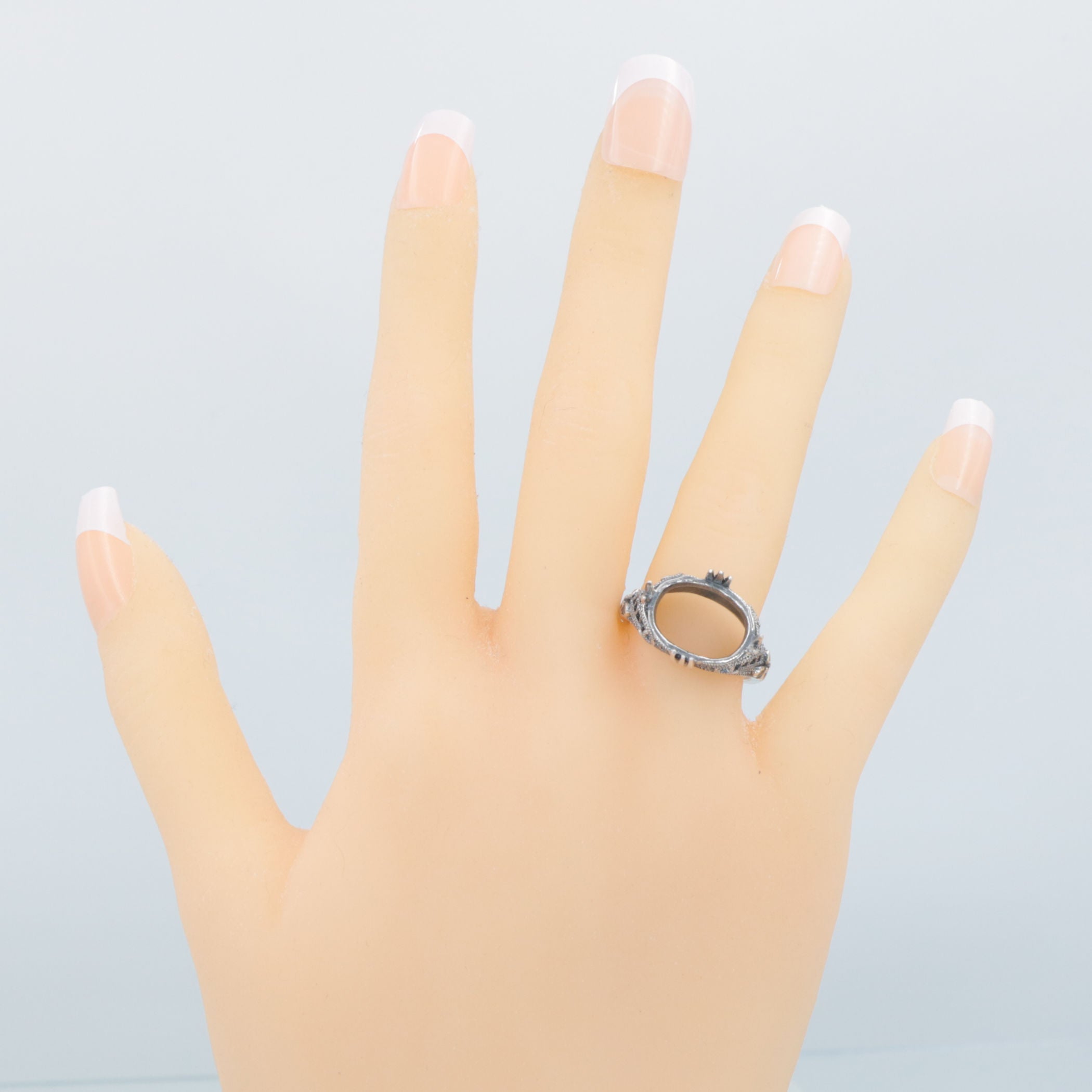 Detail view of Classic Victorian Semi Mount for Oval 11 x 14mm Gemstone Filigree Ring Sterling Silver highlighting design det