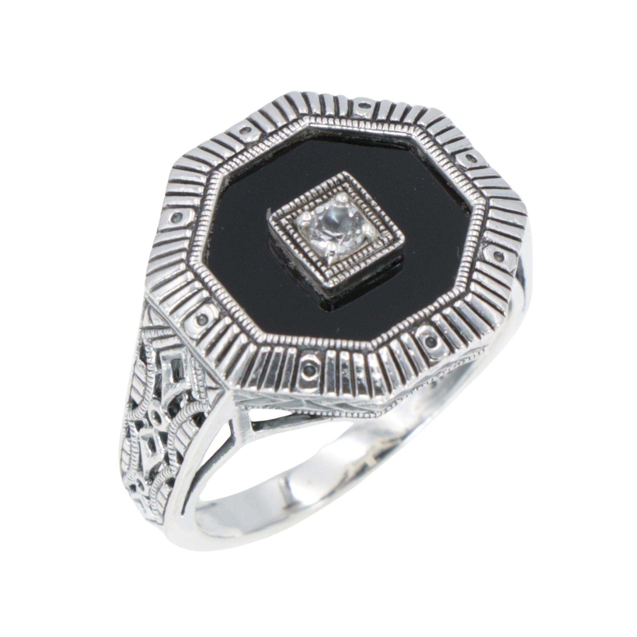 Art Deco style, White Topaz, sterling silver rings, front view