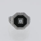 Back view of Art Deco Style Octagon Shape Black Oynx Ring with White Topaz Center showing 925 sterling silver hallmark