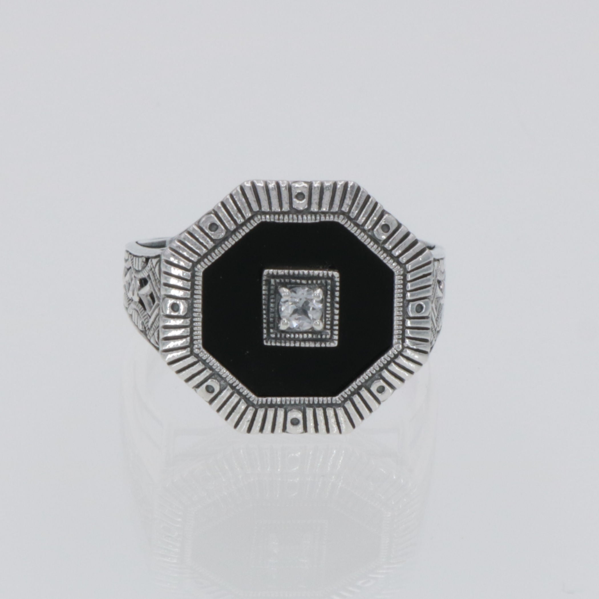 Back view of Art Deco Style Octagon Shape Black Oynx Ring with White Topaz Center showing 925 sterling silver hallmark