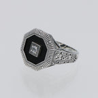 Detail view of Art Deco Style Octagon Shape Black Oynx Ring with White Topaz Center highlighting White Topaz