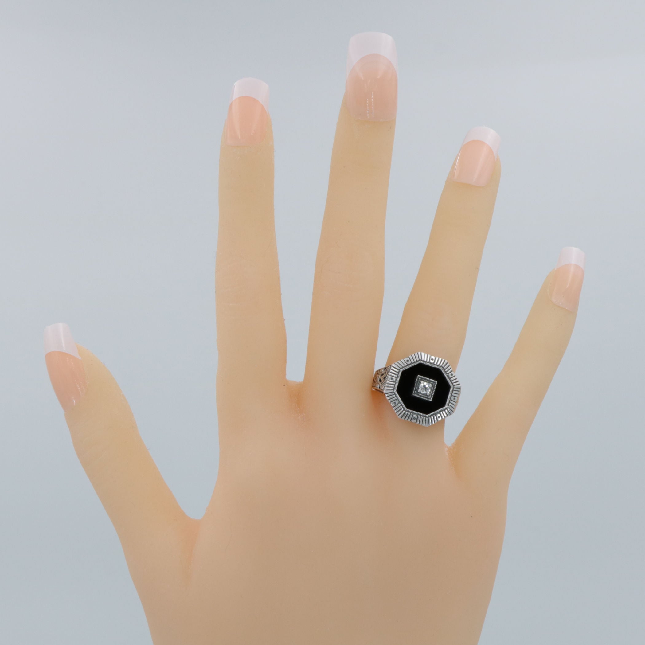 Detail view of Art Deco Style Octagon Shape Black Oynx Ring with White Topaz Center highlighting White Topaz