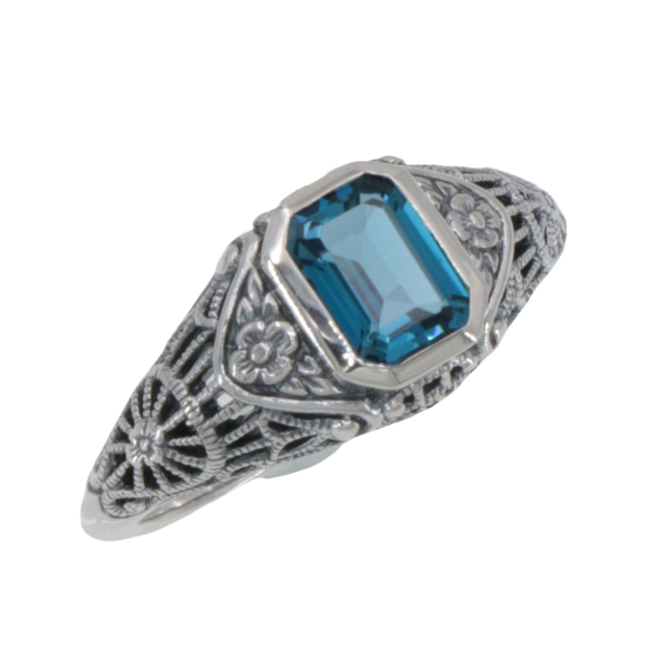 Victorian style, Blue Topaz, London Blue Topaz, sterling silver rings, front view