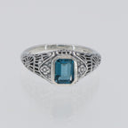 Back view of Victorian Style London Blue Topaz Filigree Ring Floral Design Sterling Silver showing 925 sterling silver hallma