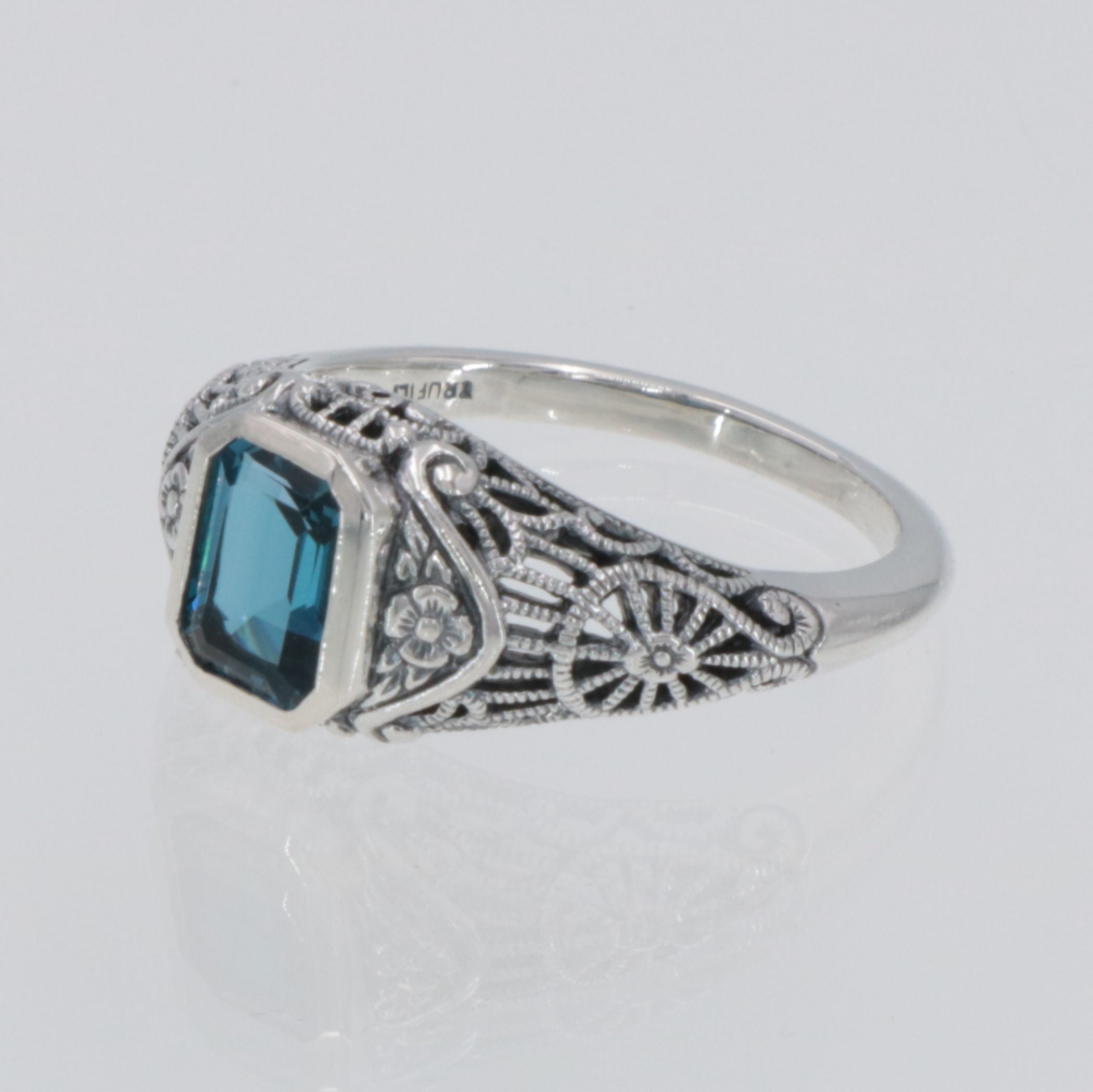 Detail view of Victorian Style London Blue Topaz Filigree Ring Floral Design Sterling Silver highlighting Blue Topaz, London 