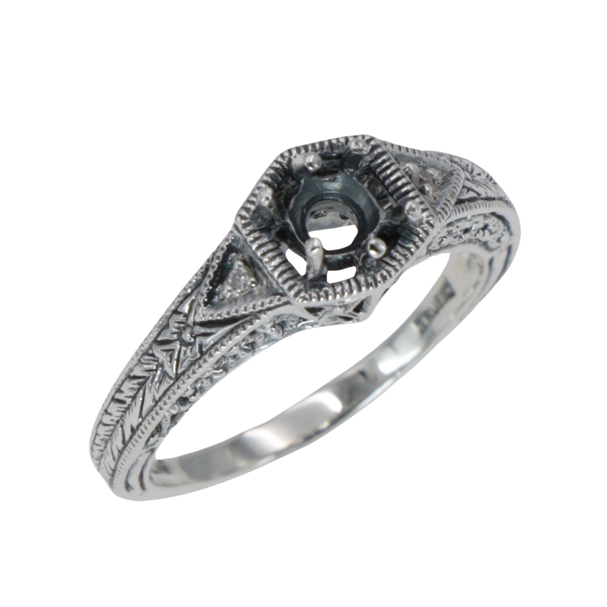 Victorian style, Diamond, sterling silver semi mount rings, front view