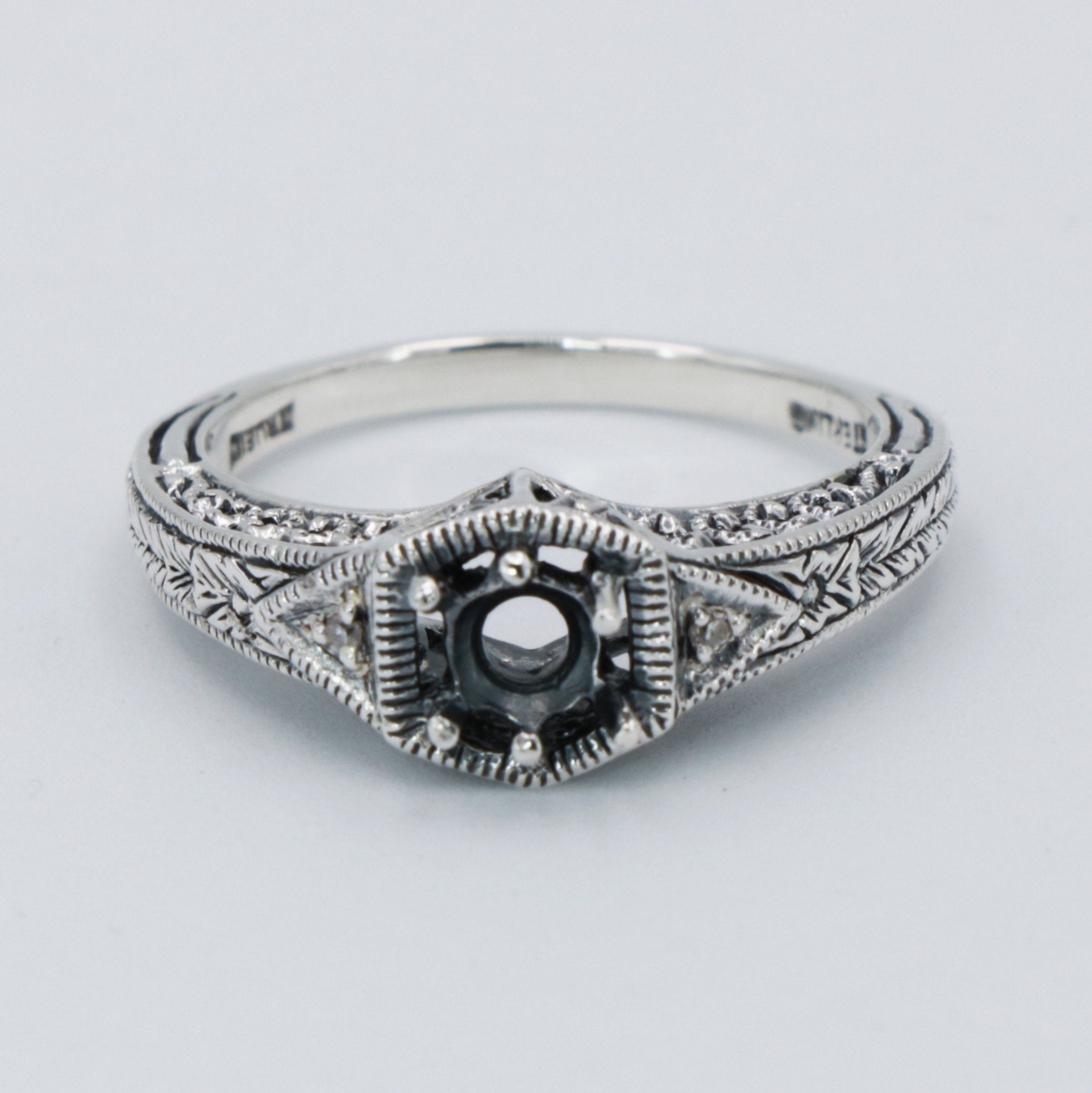 Back view of Semi Mount for a 4.5mm Gemstone Victorian Filigree Ring w/ 2 Diamonds showing 925 sterling silver hallmark