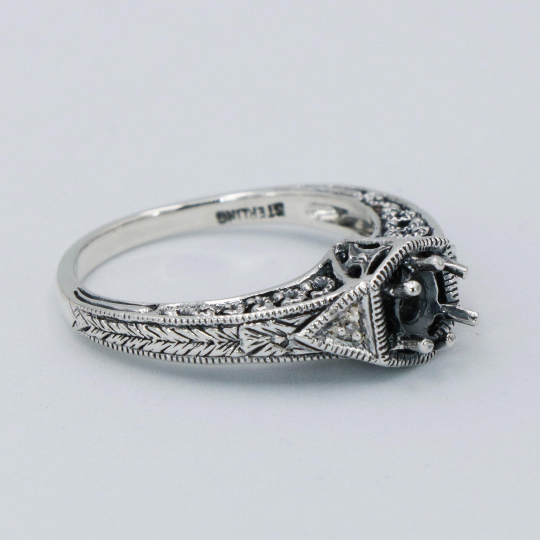 Detail view of Semi Mount for a 4.5mm Gemstone Victorian Filigree Ring w/ 2 Diamonds highlighting Diamond