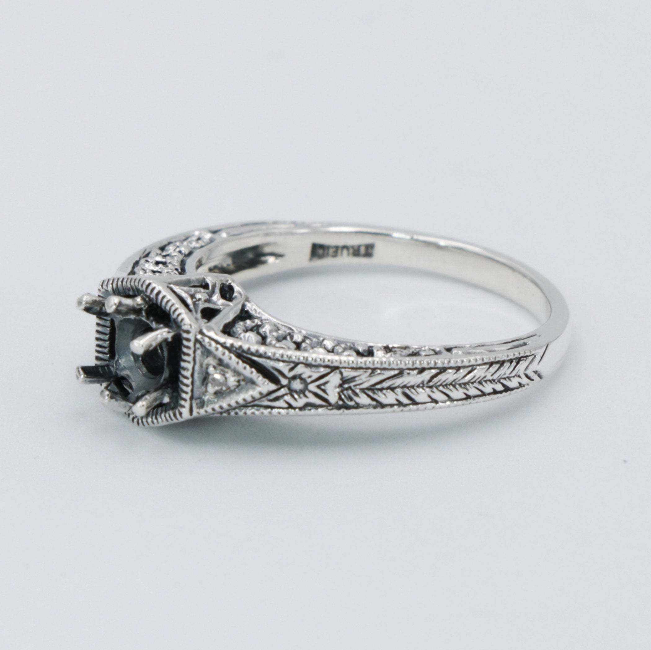 Detail view of Semi Mount for a 4.5mm Gemstone Victorian Filigree Ring w/ 2 Diamonds highlighting Diamond