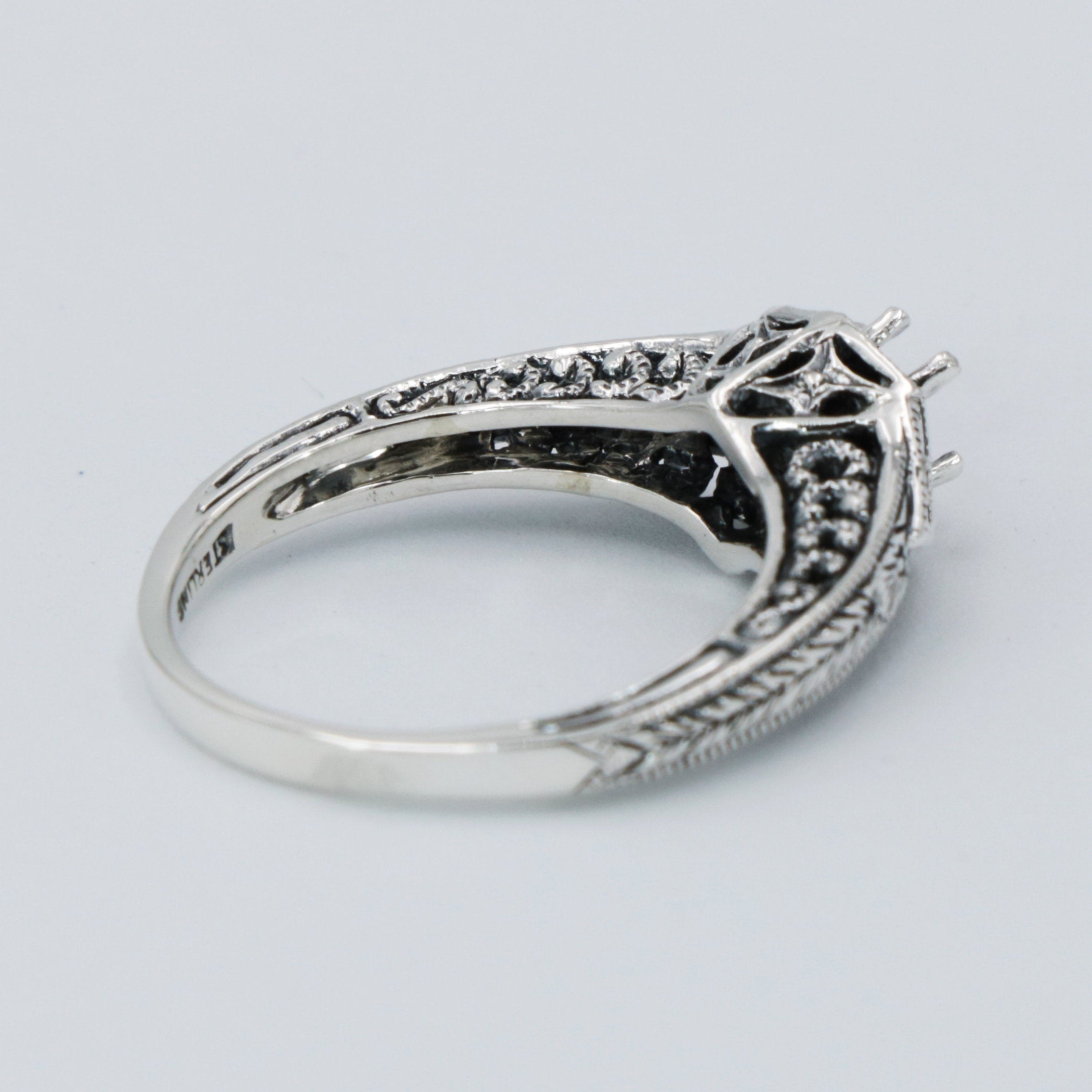 Detail view of Semi Mount for a 4.5mm Gemstone Victorian Filigree Ring w/ 2 Diamonds highlighting Diamond