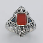 Back view of Art Deco Red Carnelian Filigree Ring Sapphire Accents Sterling Silver showing 925 sterling silver hallmark