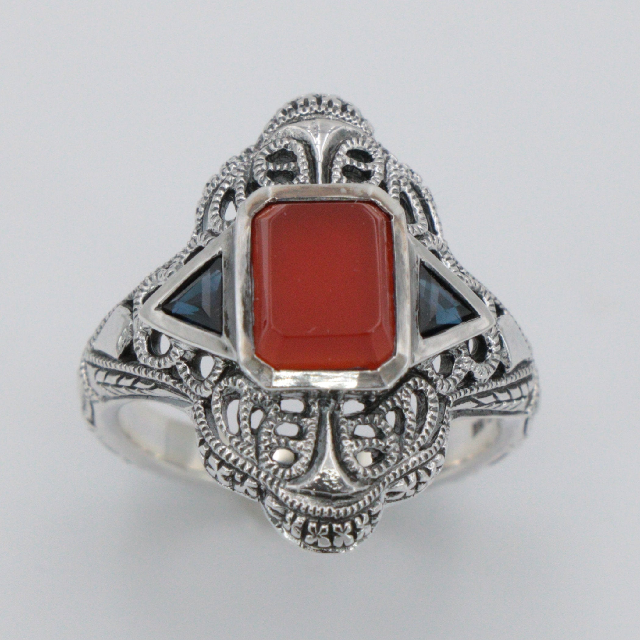 Back view of Art Deco Red Carnelian Filigree Ring Sapphire Accents Sterling Silver showing 925 sterling silver hallmark