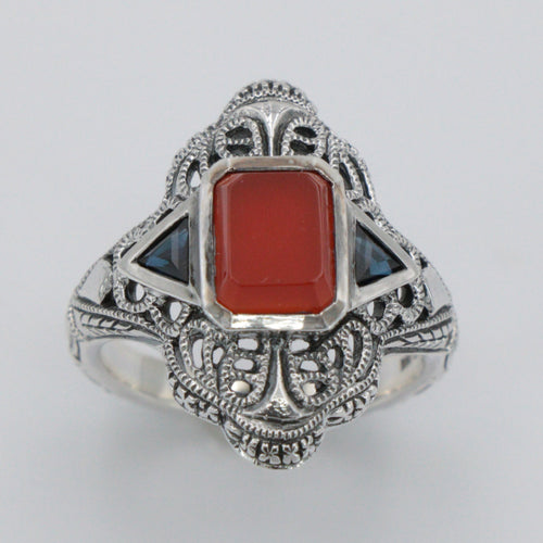 Back view of Art Deco Red Carnelian Filigree Ring Sapphire Accents Sterling Silver showing 925 sterling silver hallmark