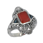Art Deco style, Sapphire, Carnelian, sterling silver rings, front view