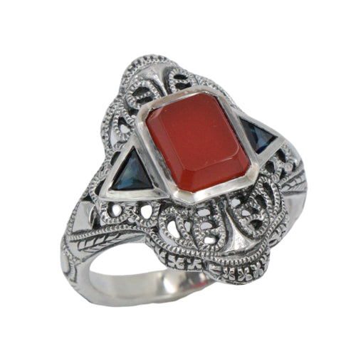 Art Deco style, Sapphire, Carnelian, sterling silver rings, front view
