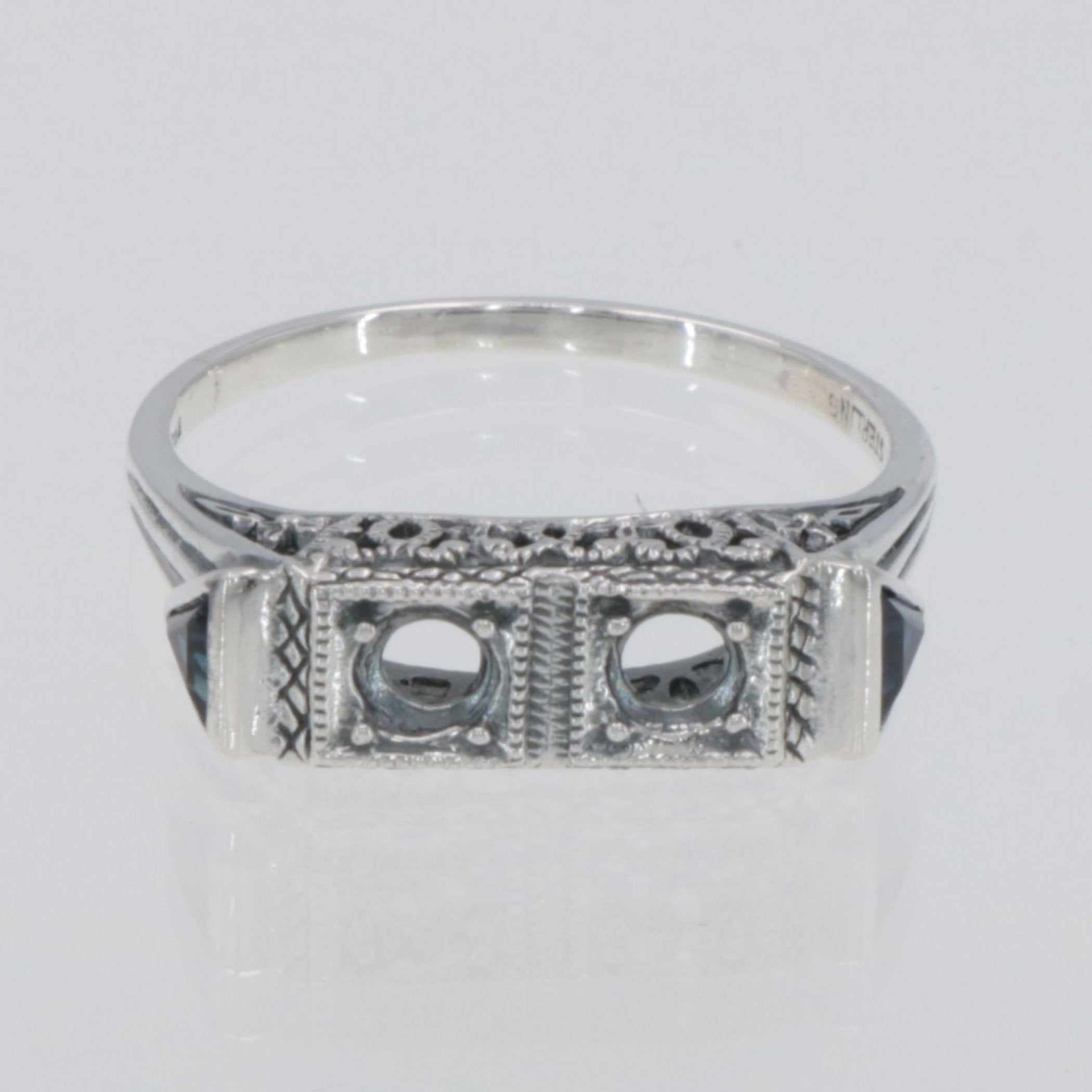 Back view of Art Deco Style Semi Mount (3mm) Filigree Ring Sapphire Accents Sterling Silver showing 925 sterling silver hallm