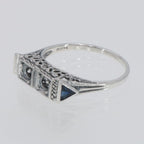 Detail view of Art Deco Style Semi Mount (3mm) Filigree Ring Sapphire Accents Sterling Silver highlighting Sapphire