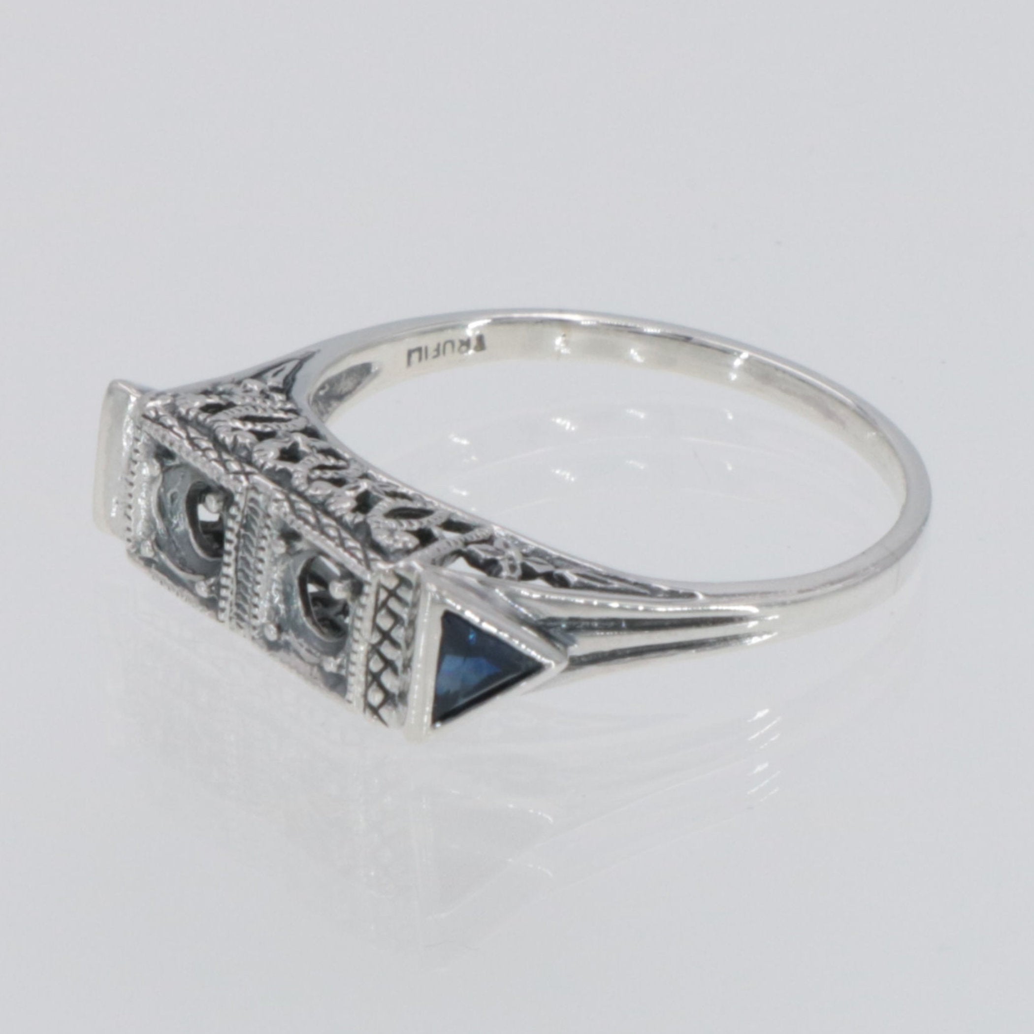Detail view of Art Deco Style Semi Mount (3mm) Filigree Ring Sapphire Accents Sterling Silver highlighting Sapphire