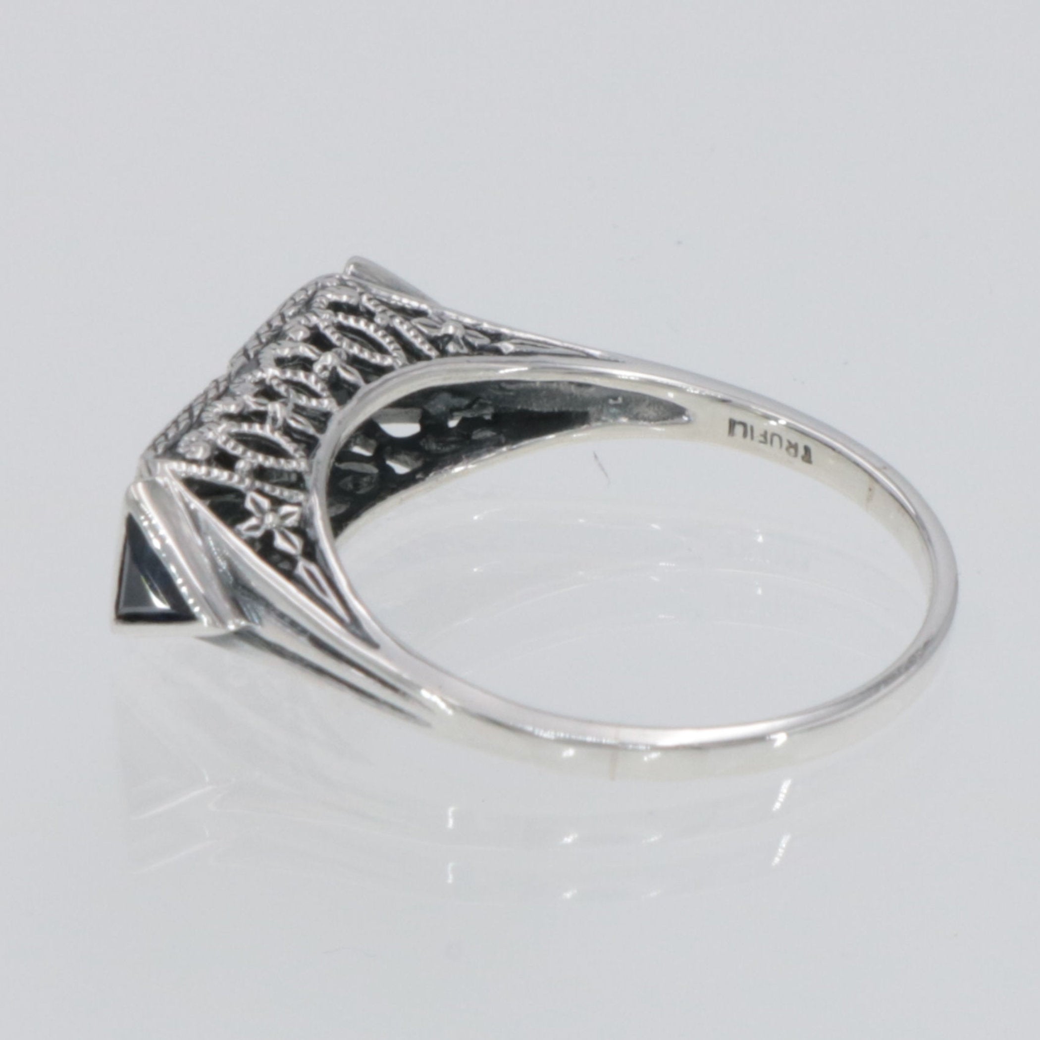 Detail view of Art Deco Style Semi Mount (3mm) Filigree Ring Sapphire Accents Sterling Silver highlighting Sapphire