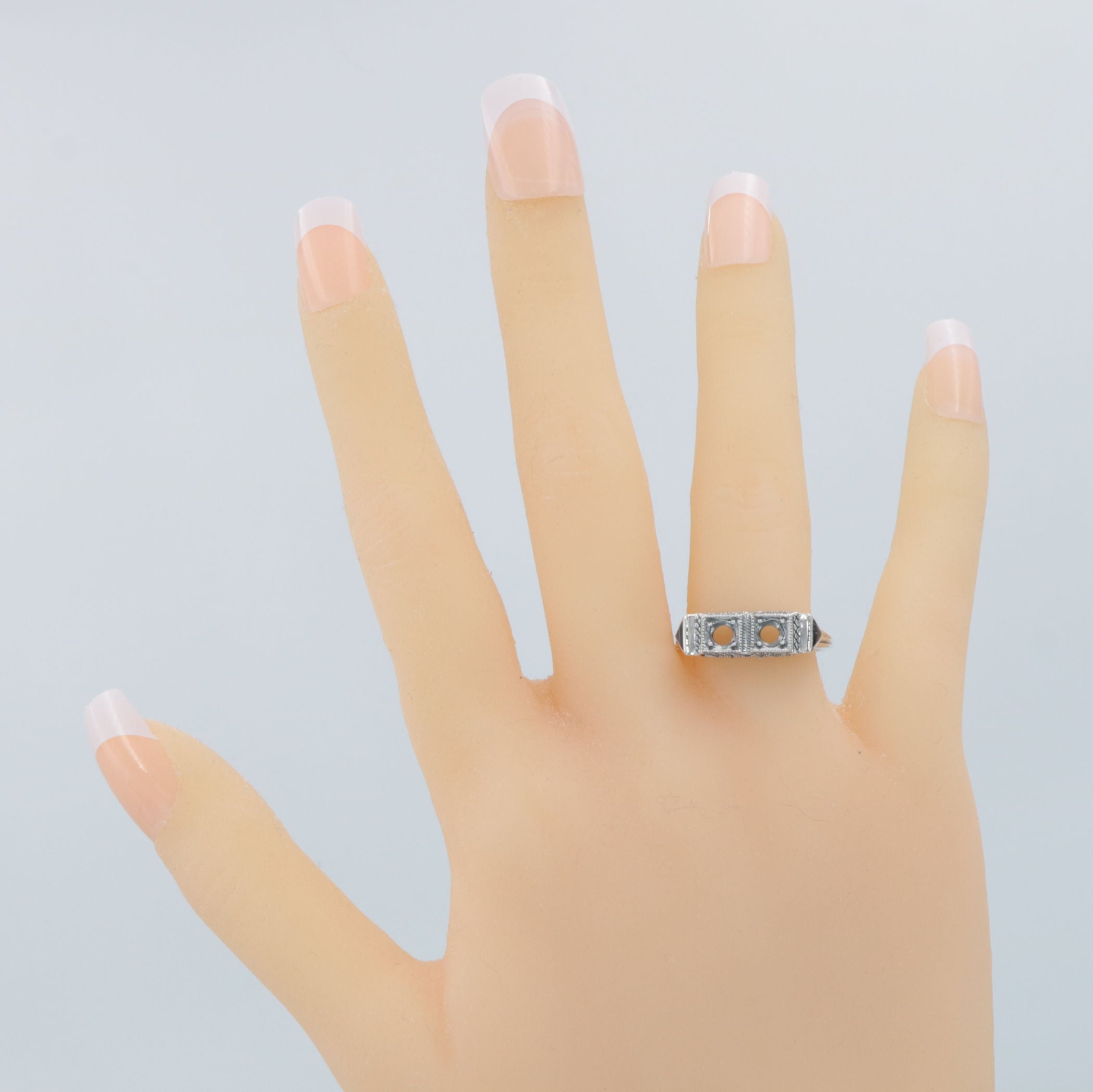 Detail view of Art Deco Style Semi Mount (3mm) Filigree Ring Sapphire Accents Sterling Silver highlighting Sapphire
