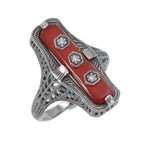 Art Deco style, Diamond, Carnelian, sterling silver rings, front view