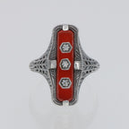 Back view of Art Deco Style Red Carnelian Filigree Ring 3 Diamond Accents Sterling Silver showing 925 sterling silver hallmar