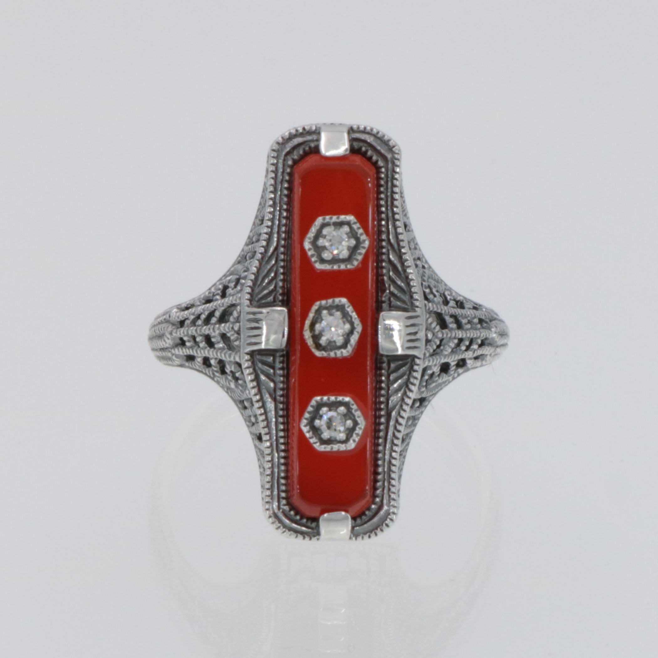 Back view of Art Deco Style Red Carnelian Filigree Ring 3 Diamond Accents Sterling Silver showing 925 sterling silver hallmar